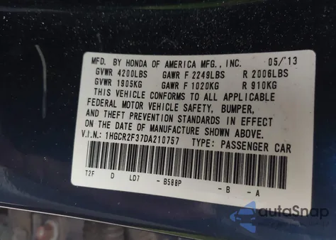 2013 Honda Accord Lx z USA, uszkodzony, nr VIN 1HGCR2F37DA210757
